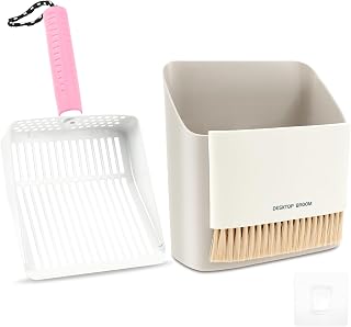 Cat Litter Spoon Kit, Metal Cat Sand Spoon Includes A Portable Small Broom and Dustpan Set, Litter Scoop with Grid, Quick Sieve and Easy to Clean(Pink)