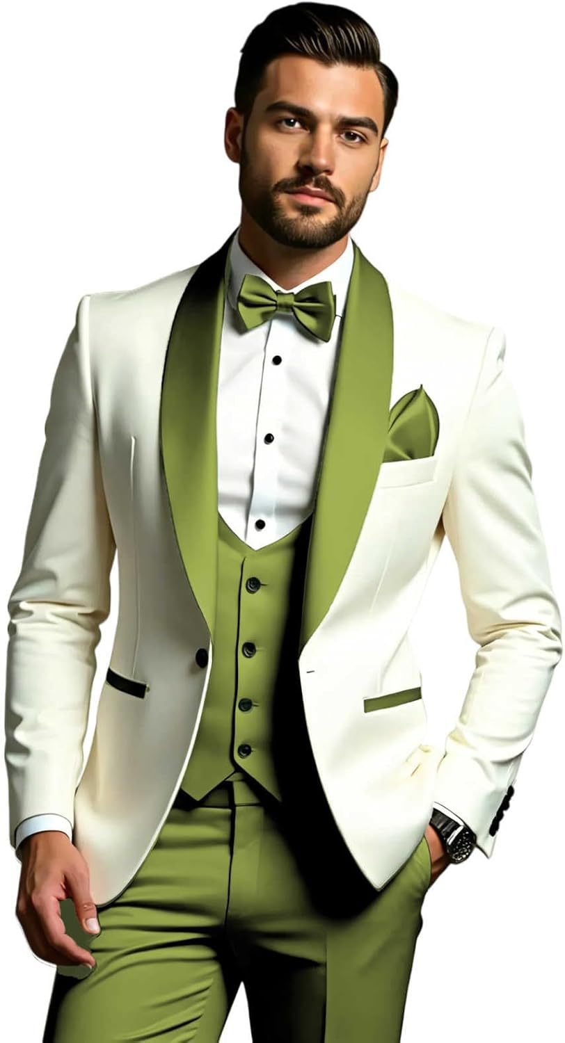 3 Piece Men's Suits Slim Fit Tuxedo Suits for Men Shawl Collar Wedding Prom Suits Formal Blazer Vest Pants Set