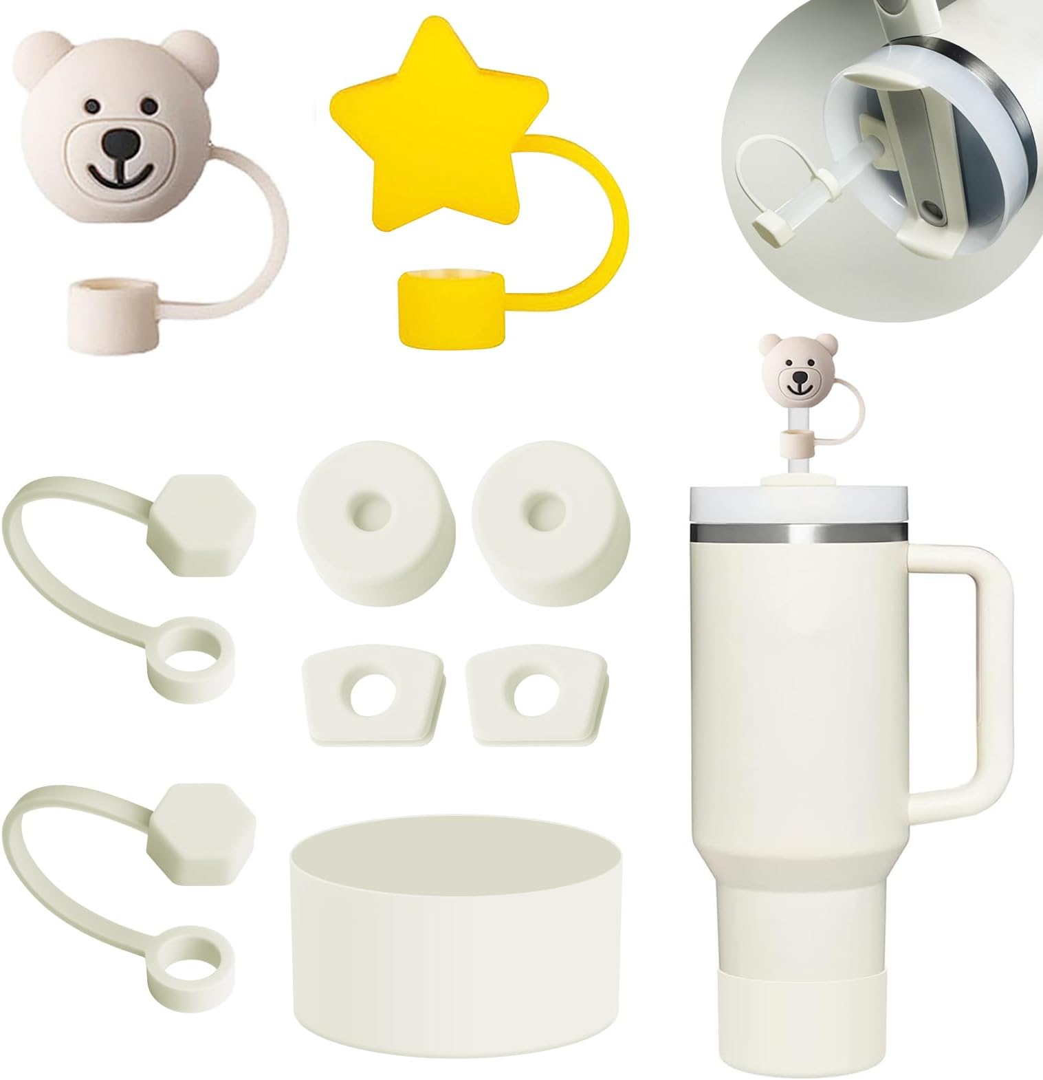 Stanley Cup Accessories Set: 6 Silicone Spill Proof Stoppers, 2 Straw Cover Caps for 9-10 mm Straws, 1 Silicone Boot for 40oz & 30oz Tumbler (Cream)