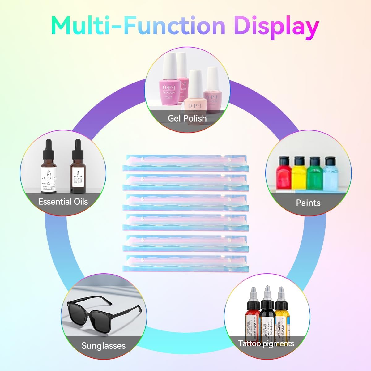BTremary 15" Nail Polish Rack Wall Mounted Floating Shelves Acrylic Paints Gel Polish Organizer and Storage with End Caps for Kid Room, Books, Nail Techs, Art Lovers, Great Display Salons, Rainbow