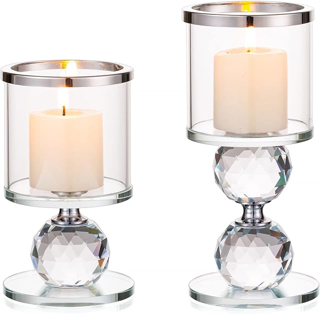 Sziqiqi Crystal Pillar Candle Holder Set of 2, Clear Glass Candlestick Holders Tealight Candle Stand Candlelight Dinner Table Centerpiece for Wedding Gifts Mantlepiece Fireplace Decoration, Silver Rim