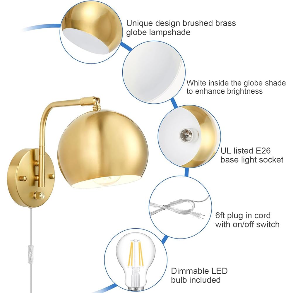 Gold Wandlampe Dimmbar mit Schalter Innen Wandleuchte mit Schalter und Stecker Drehbar Wandbeleuchtung Retro Industrial Verstellbare Wand Leselampe für Wohnzimmer, Schlafzimmer, Büro,1 stück