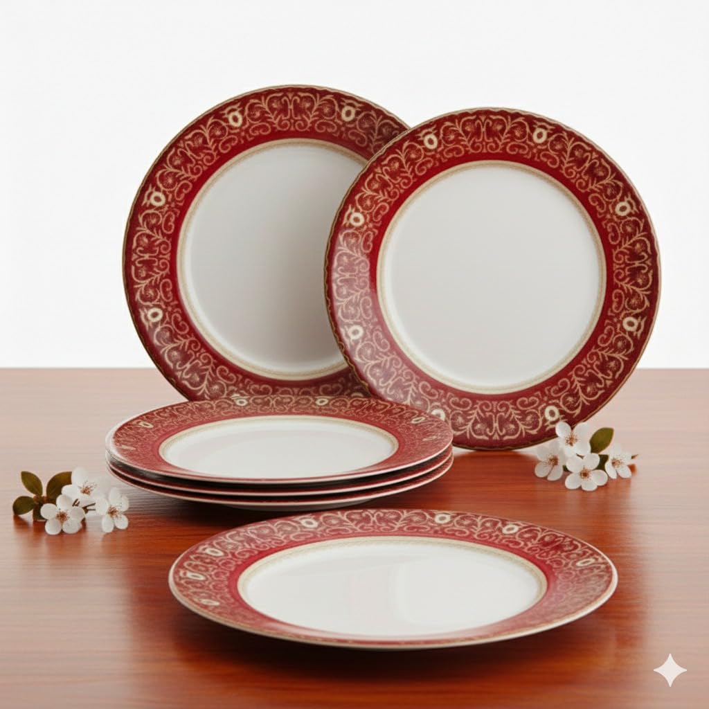 Melamine Quarter Plates | Round Half Plate Serving Set| Break Resistant | Plates for Snacks, Lunch, Dinner | Plates for Home, Office, Restaurant | Set of 6 | 7 Inch's (RED Diamond)