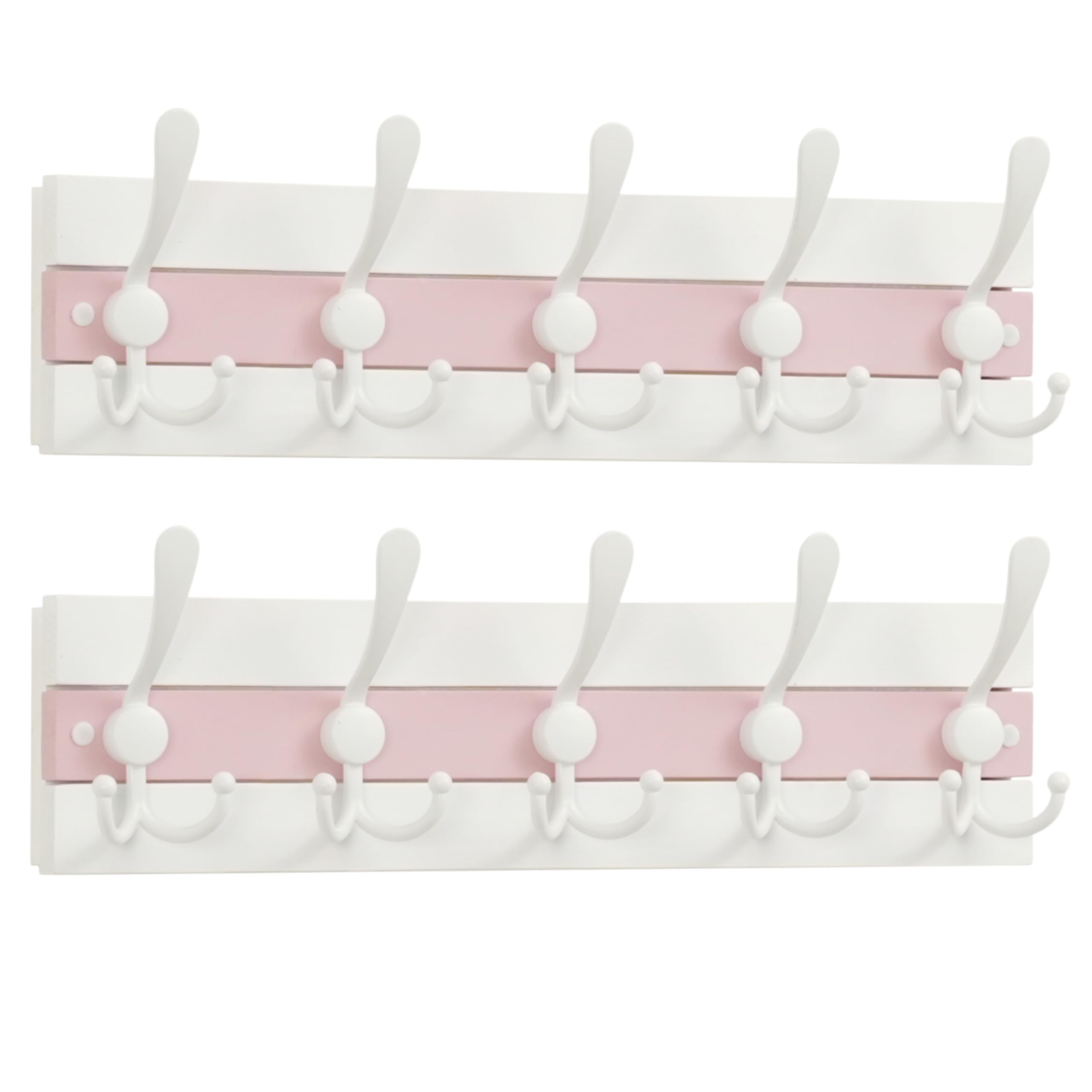 SKOLOO Coastal Wall Mounted Coat Rack-16.88" Beach House Entryway Wooden Coat Hook with 5 Hooks for Hanging Coats, Hats or Towels, Oceanfront Cottage Core Collection, White&Palm Beach Pink, Pack of 2