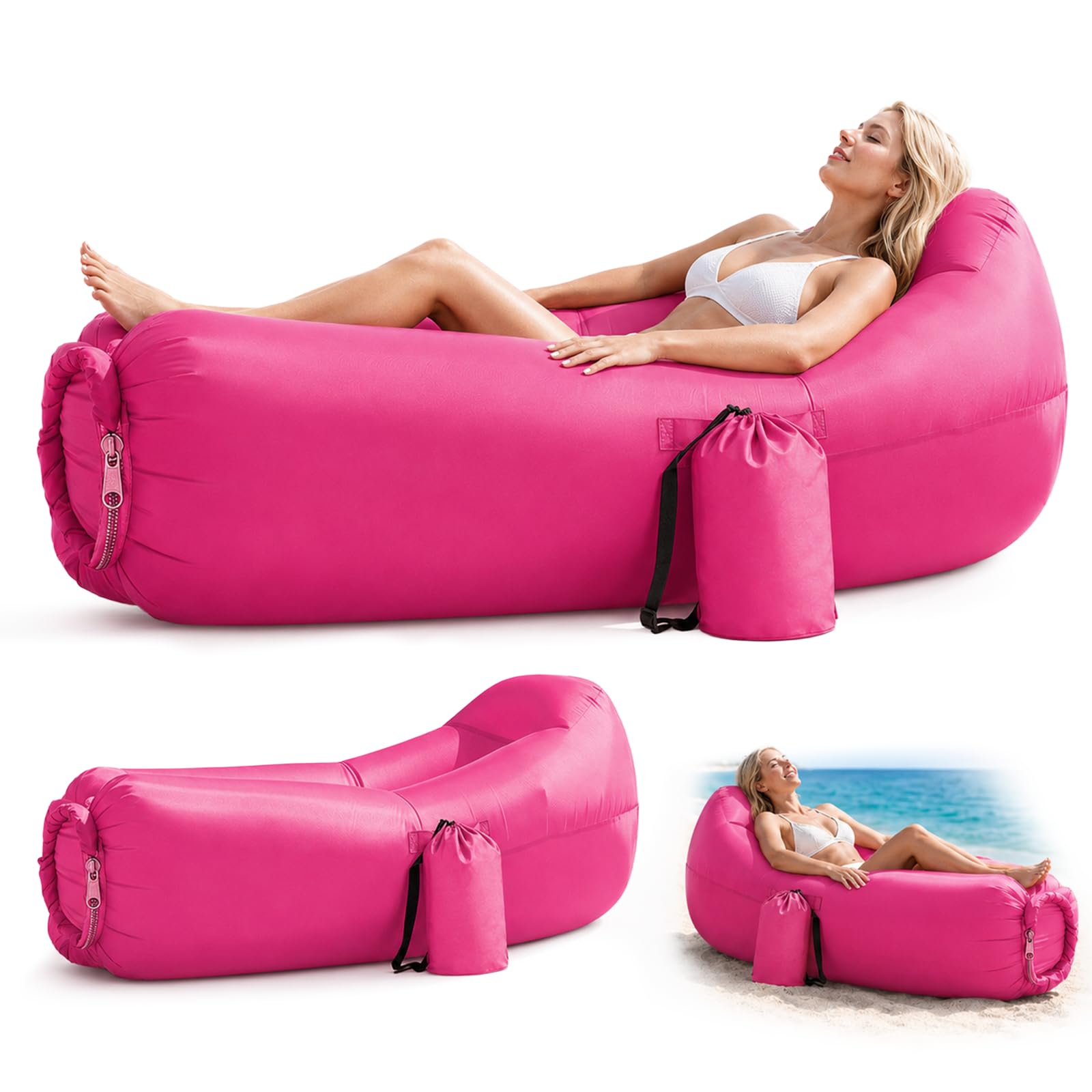 Kenmohuo Inflatable Sun Air Lounger, Portable Blow Up Sofa Bed for Beach Camping Garden, Waterproof Anti-Leak Inflatable Chair Couch Sunbed for Outdoor Travel Picnics Hiking Pool (Rose Red)