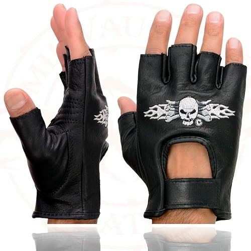 Miniatura 2 de Milwaukee Leather SH353 - Guantes de mano para motocicleta sin dedos acolchados de gel de cuero negro con calavera y huesos bordados