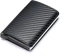 Carteira masculina com bloqueio de RFID, carteira de couro sintético de fibra de carbono com 8 compartimentos para cartão de crédito, linha moderna, fina, duas dobras para dinheiro