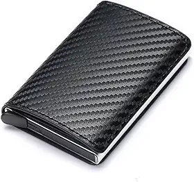 Carteira masculina com bloqueio de RFID, carteira de couro sintético de fibra de carbono com 8 compartimentos para cartão de crédito, linha moderna, fina, duas dobras para dinheiro