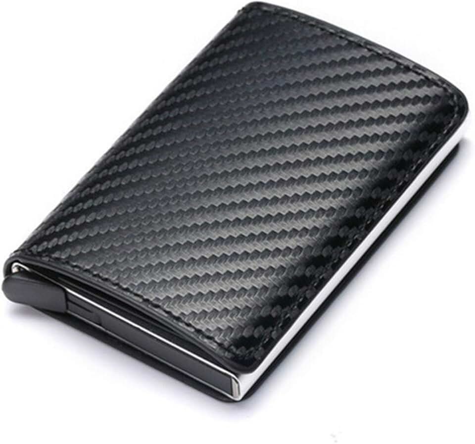 Carteira masculina com bloqueio de RFID, carteira de couro sintético de fibra de carbono com 8 compartimentos para cartão de crédito, linha moderna, fina, duas dobras para dinheiro