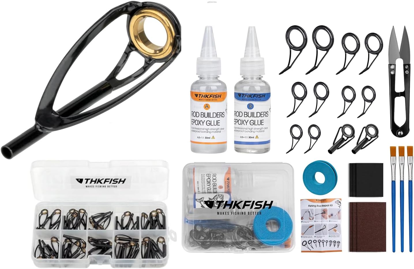 THKFISH Fishing Rod Tip Repair Kit or Rod Guides with Glue, Fishing Pole Tips Replacement Kit for Fishing Pole Tip with Rod Guides, Epoxy Glue, Wrapping Thread and Tape