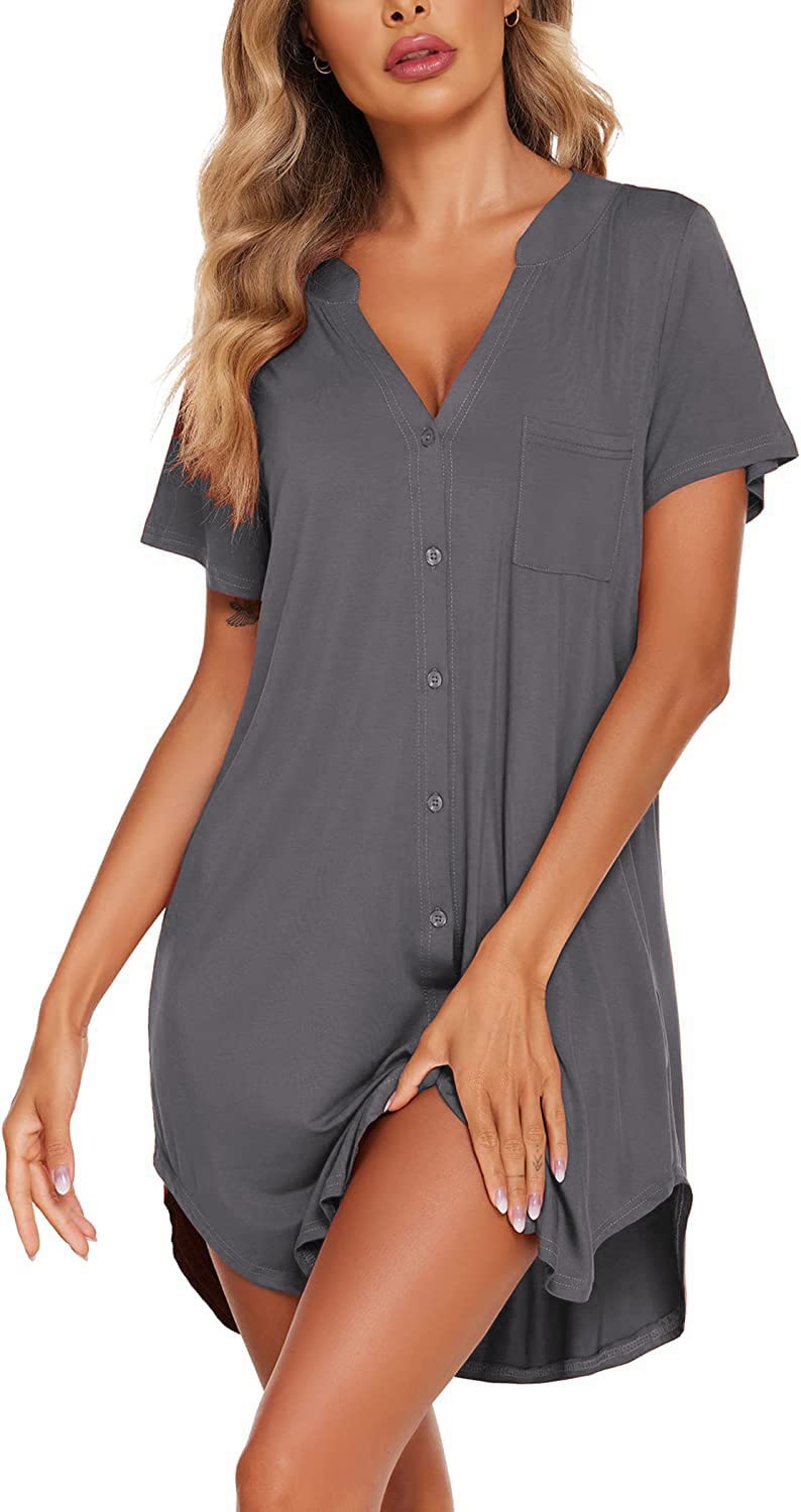 Rayson Camisones de Mujer Vestido Pijama con Cuello en V y Botones Camisón de Manga Corta Cómodo y Casual Lencería y Ropa Pijama