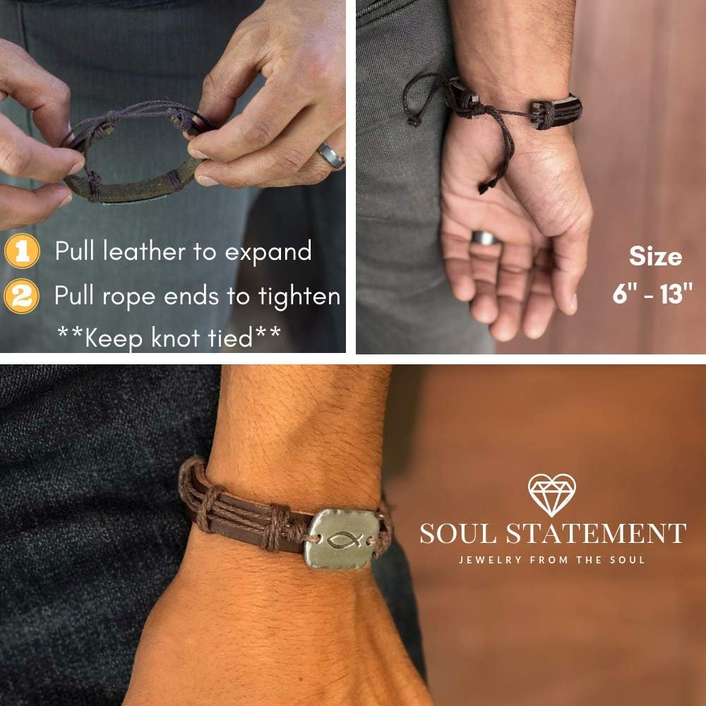 Christian Sign of The Fish Adjustable Leather Wrap Bracelet for Men and Teenagers, Confirmation Gifts