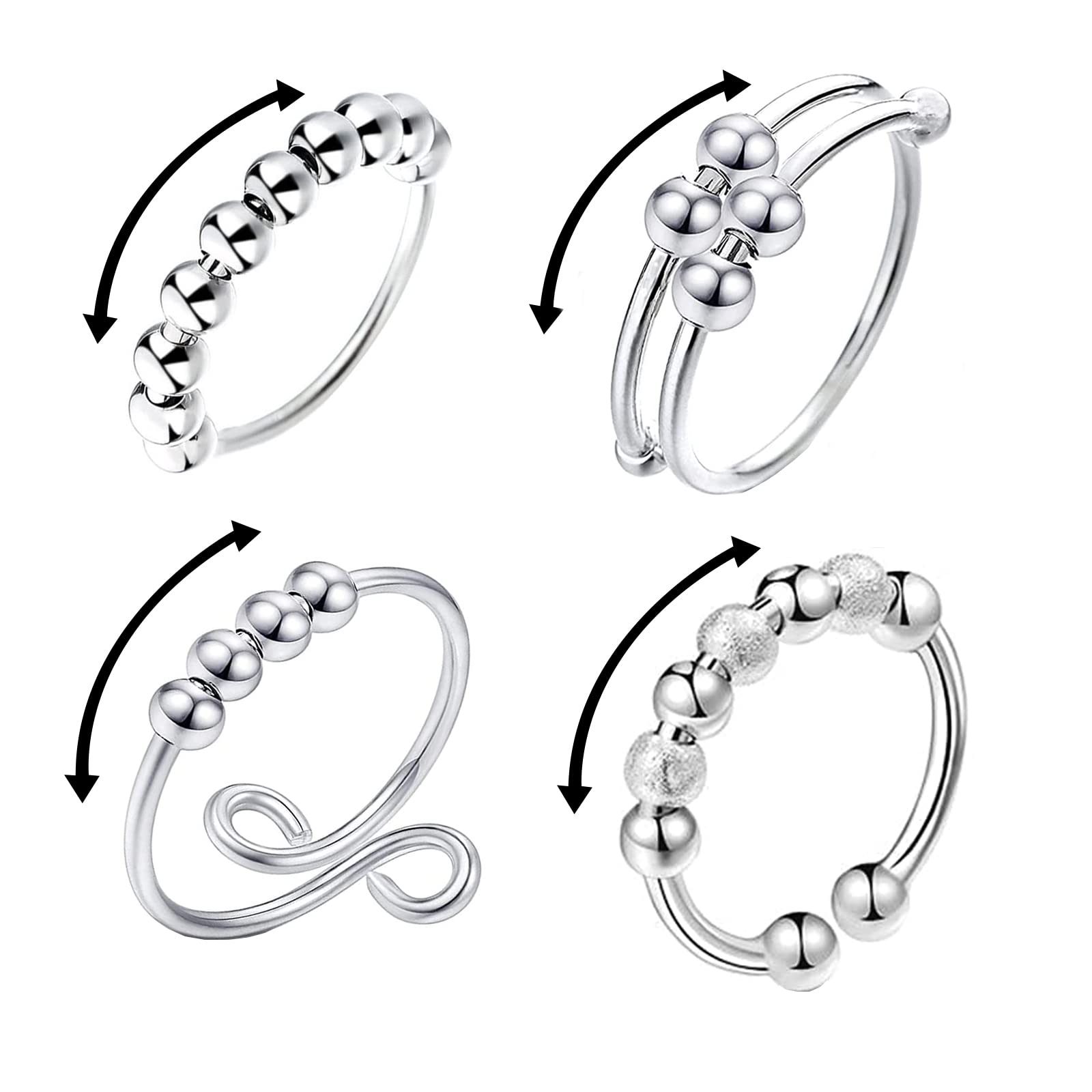 4PCS Anxiety Rings - Open Finger With Beads in Different Number, Stress Reliever Spinner, Stainless Steel Fidget for Anxiety, Adjustable Bead Spinner for Men Women, Silver