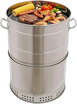 360 Smokeless Stainless Steel BBQ Grill Barrel Portable Charcoal BBQ 2-in-1 Vertical Smoker Barrel Grill for Outdoor Barbecue, Camping, And Backyard Cooking Large-50 Skewers