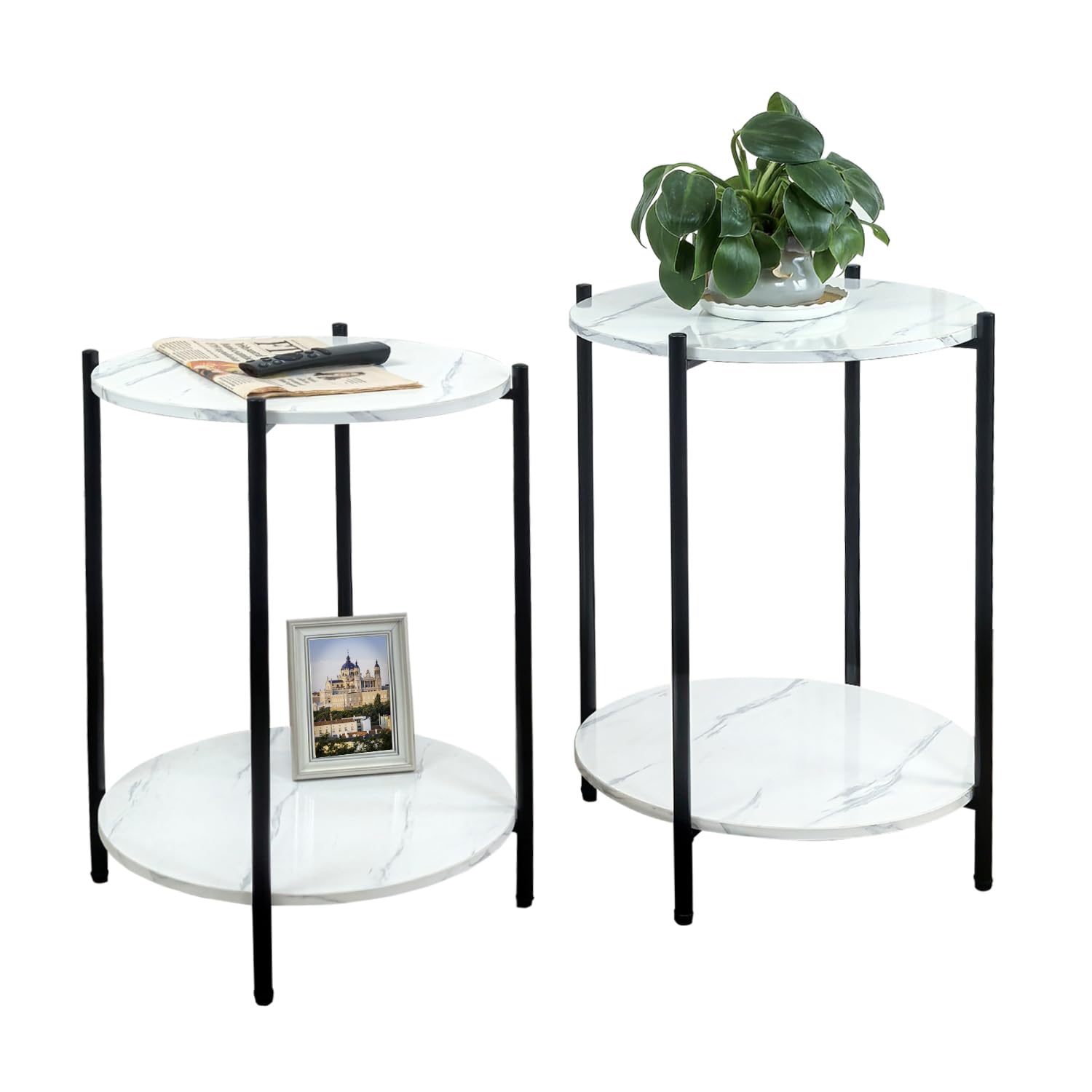small round side table set of 2, black end table with faux marble top, modern sofa table for small spaces in living room, couch, or bedroom nightstand (2 pcs black, round)