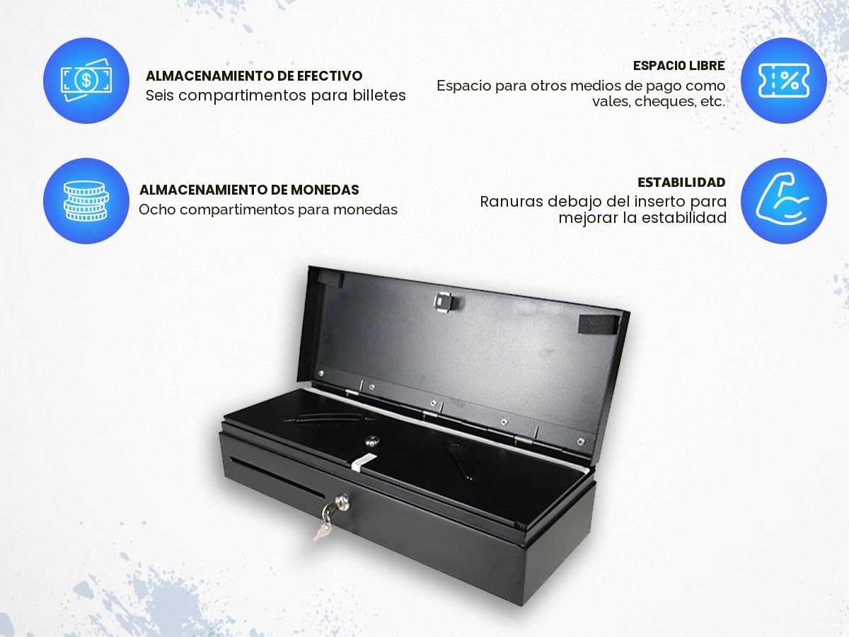 HDWR HD-KFT46 Cajón de caja con casete extraíble, cierre 2 posiciones | 6 compartimentos de billetes, RJ12 para impresora de tickets, acero laminado en frío