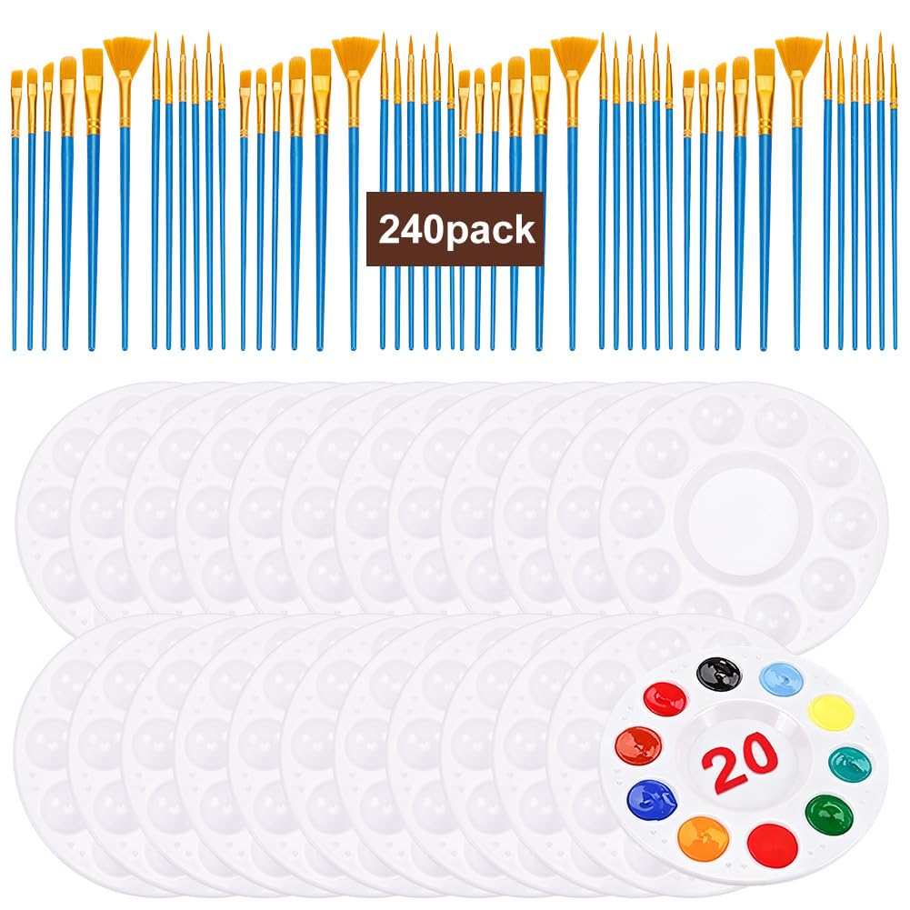 ORIGACH Set di 260 pennelli da 20 pezzi/240 pennelli acrilici e 20 pennelli in nylon per dita e viso, pittura a olio, pittura su pietre, feste per adulti