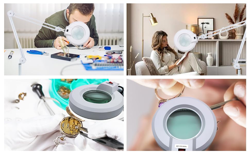 Lupa LED de 5 aumentos con soporte de luz, 5 dioptrías, lectura, manualidades, salón de belleza, 22 W, luz fría, versátil, color blanco