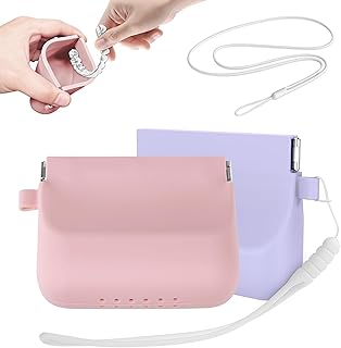 2 Pack Silicone Retainer Case with Lanyard, Durable Soft Denture Case with Vent Holes Compatible for Invisalign, Portable Mouth Guard Case Travel Containers (Pink+Purple)