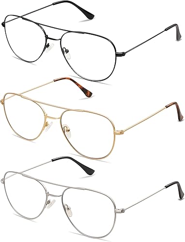 Miniatura 4 de 3-Pack Retro Aviator Reading Glasses for Men Women Trendy Square Blue Light Blocking Computer Readers Metal AM6092A