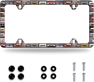 Vintage Cassette Music Tape License Plate Frame Personalized Music License Plate Stainless Steel Auto Parts Decoration with Screws Colorful License Plate Holder for Men Women 12 x 6 Inch