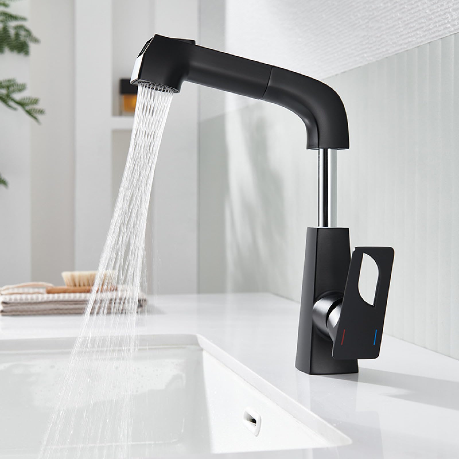 Fanjubei Black Bathroom Adjustable Rotating Pull-Out Digital Faucet,
