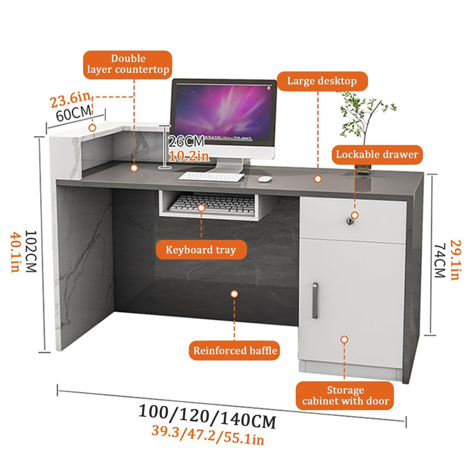 Generico Bancone Reception Moderno Grigio con cassetti con Serratura, Tavolo da bancone Frontale da 140 cm (55,1 Pollici) per Ufficio o Negozio, Soluzione di Lavoro eleg