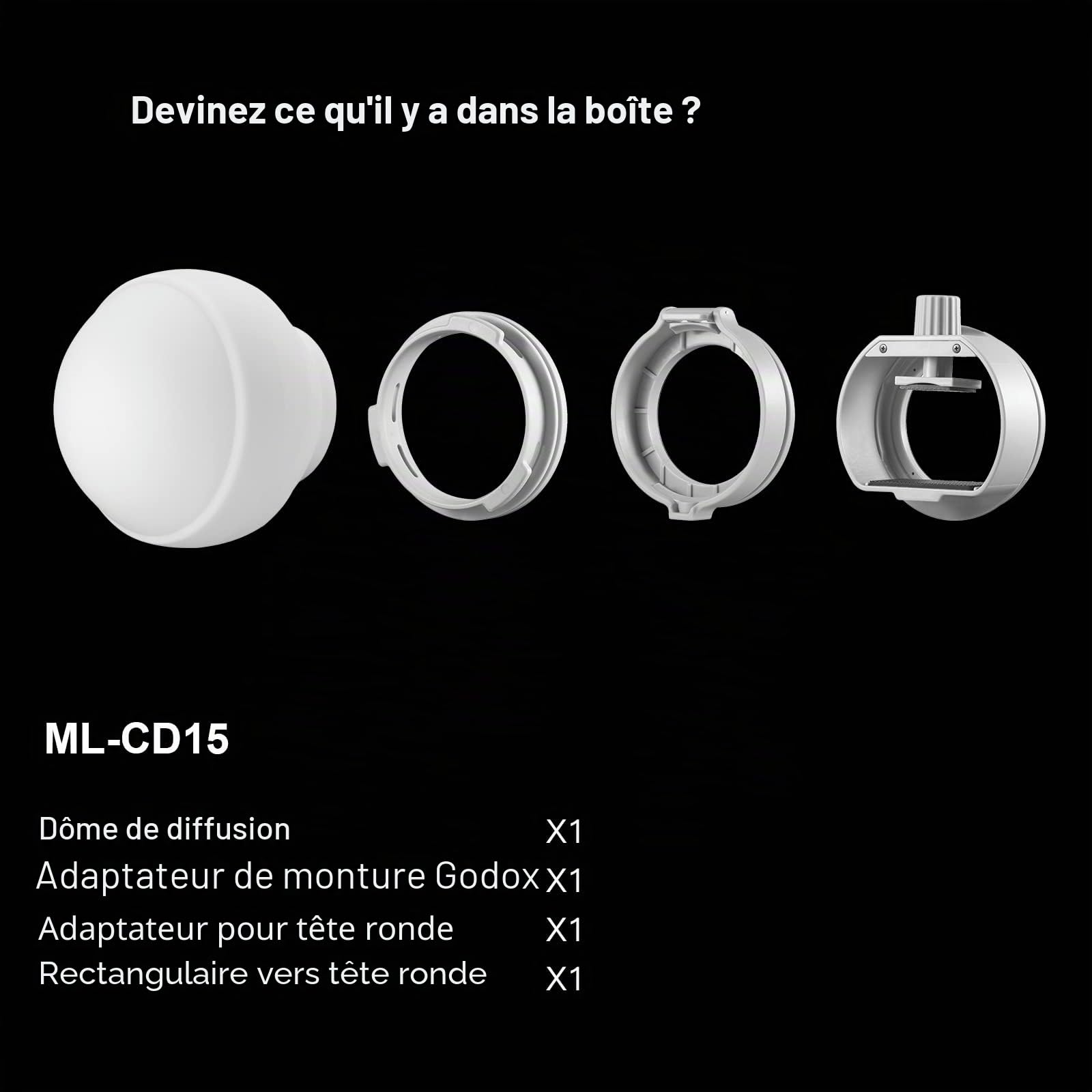 Godox ML-CD15 Kit de Dôme de Diffusion (3 Anneaux d'adaptation) Diffuseur Pliable Diffuseur de Lumière Flash,pour ML30 ML30Bi ML60 ML60Bi V1S V1C V1N V1O V1F V850III V860III AD100/200/300/4 00 Pro