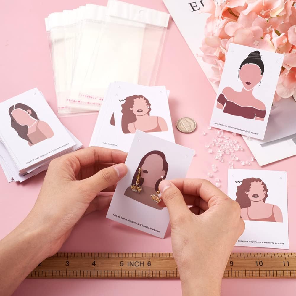 Mega Pet 70pcs Earring Necklace Display Card Holder 7 Styles Women Pattern Jewelry Card Holder Paper Hanging with 70pcs Ear Nuts and 70pcs Pearl Film Cellophane Bags for Packaging Display Jewelry image 4