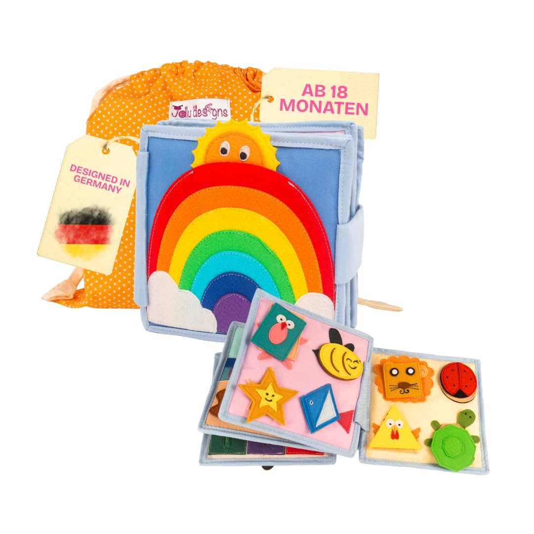 Jolly Designs – Mini Quiet Book Sonnenschein – Montessori Spielzeug ab 18 Monaten – Motorik & Kreativität fördern – Busy Book aus Filz – Handgefertigtes Filzbuch – Perfekt für unterwegs & Reisen