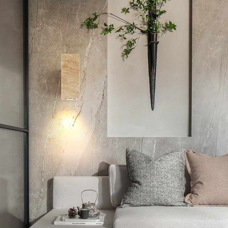 Nowoczesna długa i liniowa lampa ścienna z kamienia naturalnego Cylindryczny efekt marmuru z diodami LED w stylu vintage, drewno i żółty trawertyn idealna do sypialni, salonu lub przedpokoju