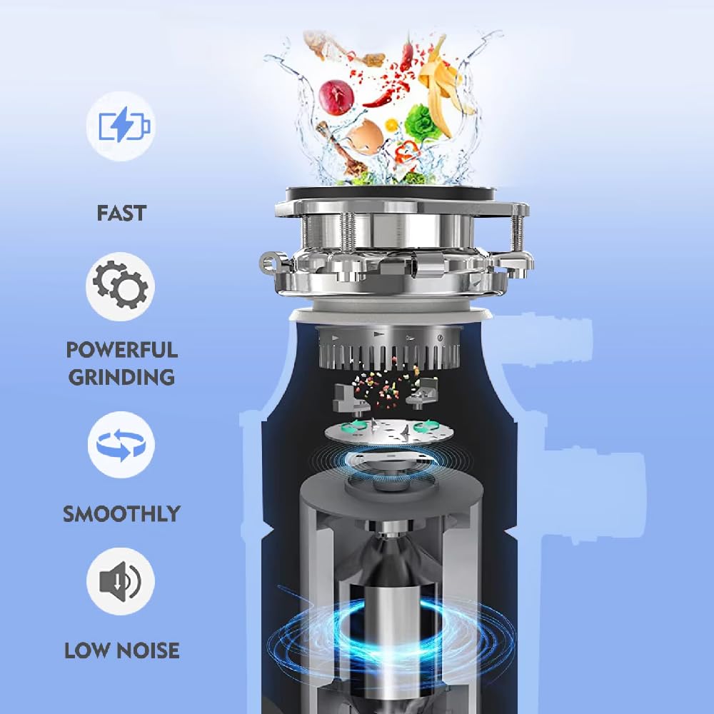 Triturador de residuos de basura de cocina, 1200 ml, eliminación rutinaria de residuos de alimentos con reducción de sonido, sistema de molienda de residuos de alimentos de acero inoxidable con cable