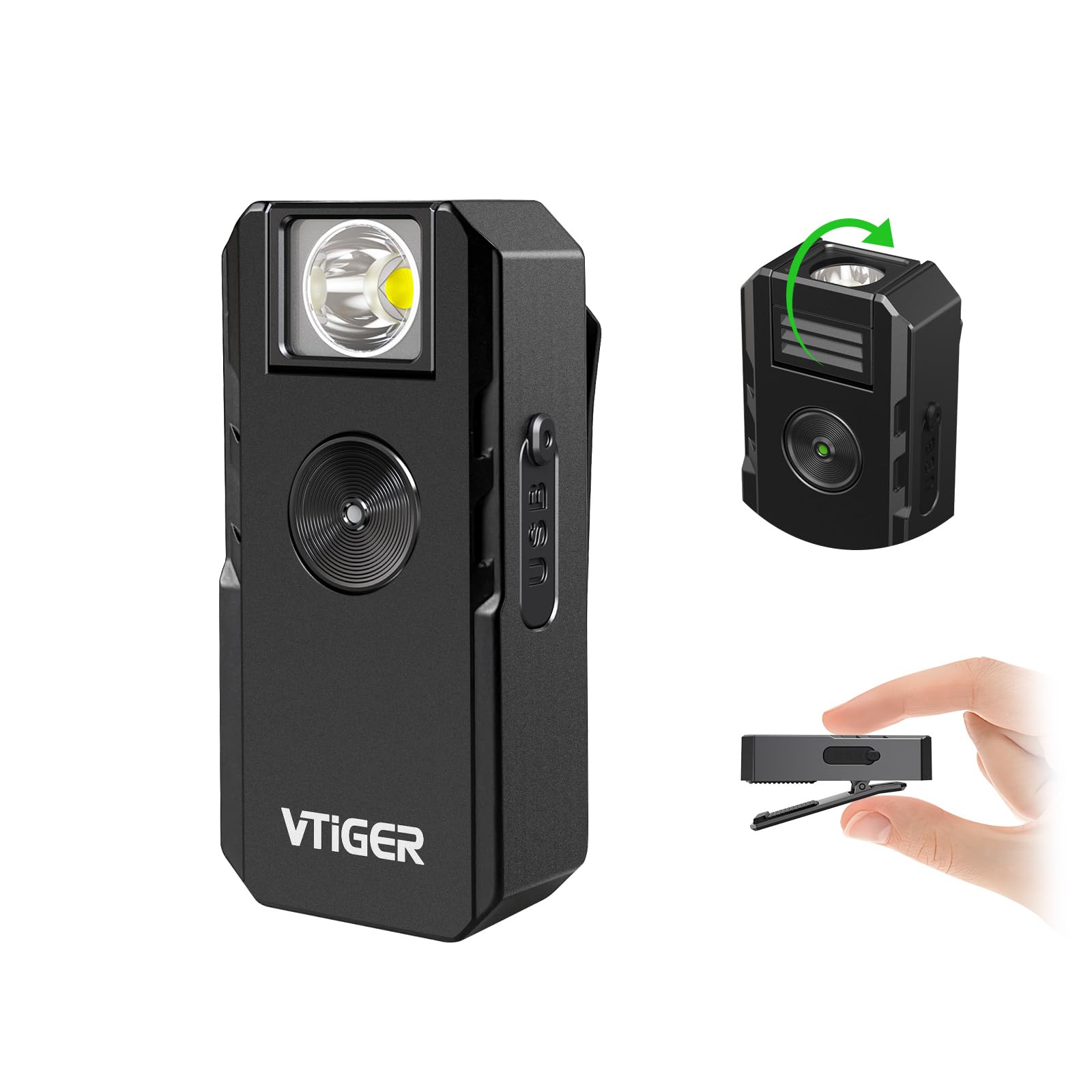 VTIGER C1 Rechargeable EDC Flashlight Clip-on Light, 1300 Lumens Powerful Portable Mini Swivel Clip Light,Multi-Mode,IPX6 Waterproof, Magnetic Small