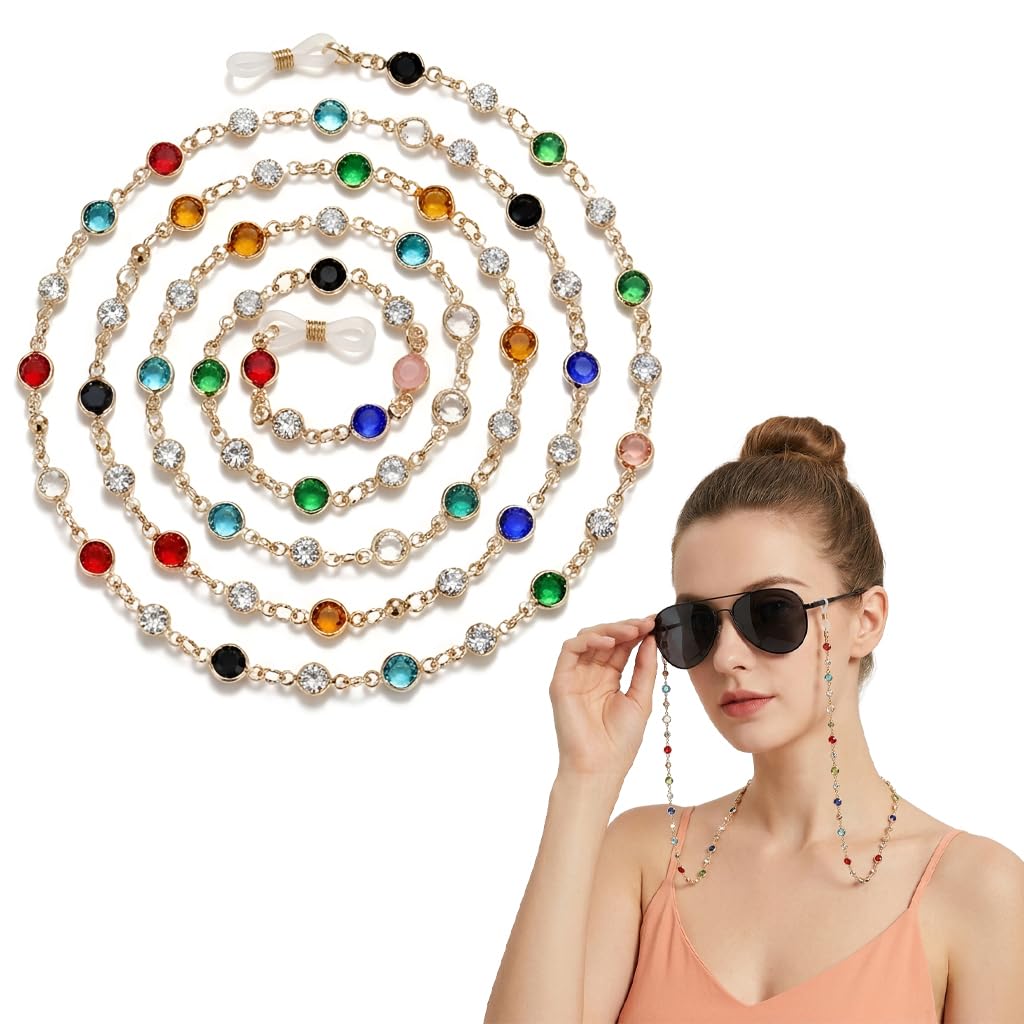 Fashion Eyeglasses Chain for Women 70cm Gold-Tone Metal Link Chain, Multicolor Gemstone Eyewear Necklace with Colored Stones Accents, Silicone Loop Ends, Lightweight Glasses Holder Strap-image-5