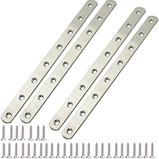 4Pcs 12" Flat Mending Plate, Flat Plate Straight Brackets, Stainless Steel Flat Straight Brace, Repair Fixing Wood Brace Mending Joining Plates Connector with Screws for Wood Fence Bookcase Cabinet