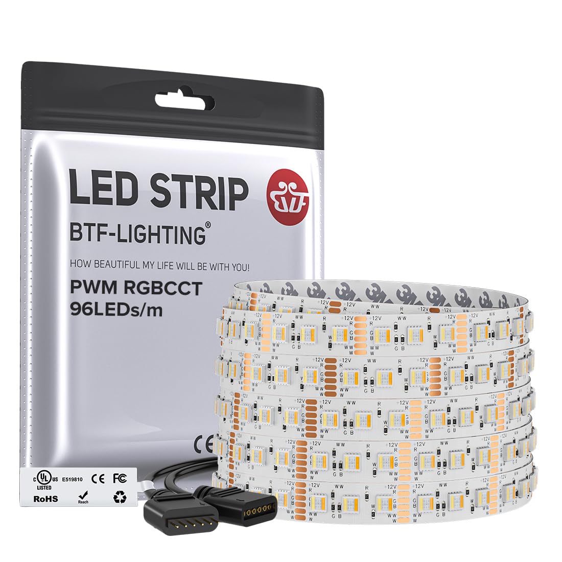 BTF-LIGHTING RGBCCT 5 Colors in 1 LED 5050SMD RGBWW RGB+Dimmable Tunable Color Temperature 2700K-6500K UL Listed 16.4ft 96LEDs/m 480LEDs DC12V Multi-Colored Tape Lights IP30(No Adapter or Controller) White PCB-DC12V 96LEDs/m-IP30