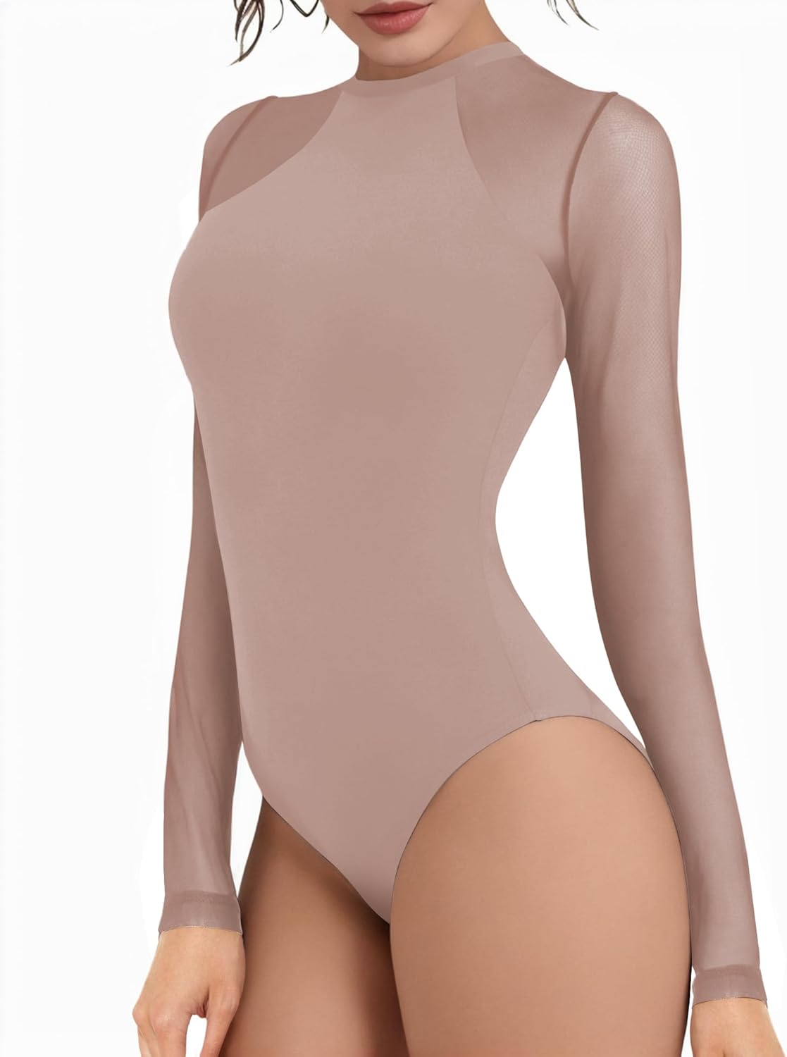 YOGINGO Mesh Long Sleeve Bodysuit for Womens Crew Neck Sheer Mesh Body Suits Going Out Lace Leotard - Image 2