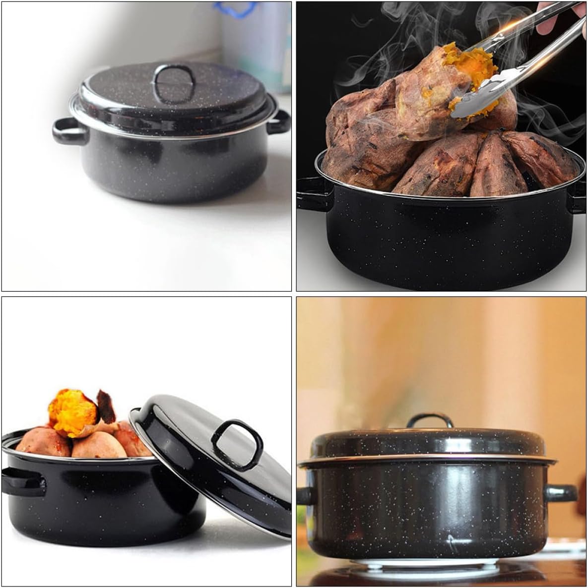 BESPORTBLE Covered Round Roaster Pan 28Cm Enamel Kitchen Roasted Pot for Sweet Potato and Chinese Chestnut Baking with Lid Home Cooking Barbecue Stove