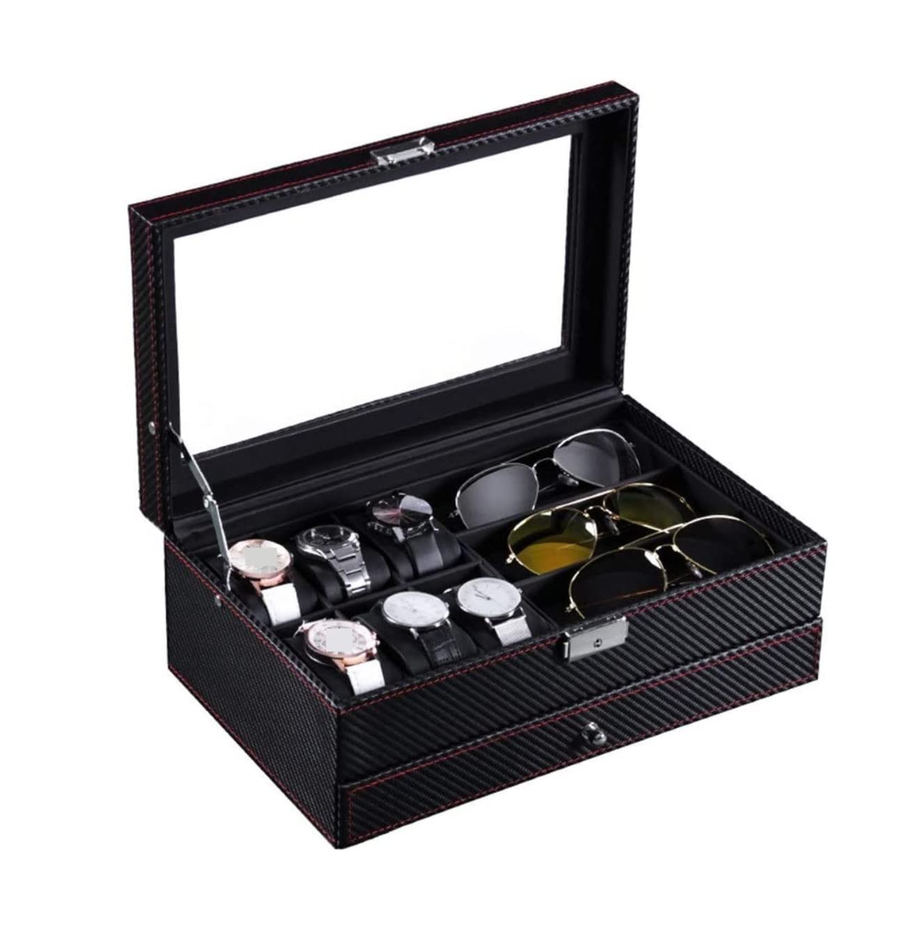 Estuche Relojes Organizador De Exhibición Relojes Multifunción Fibra Carbono, 2 Capas, 6 Ranuras, Caja Reloj, 3 Rejillas, Almacenamiento Anteojos Organizador