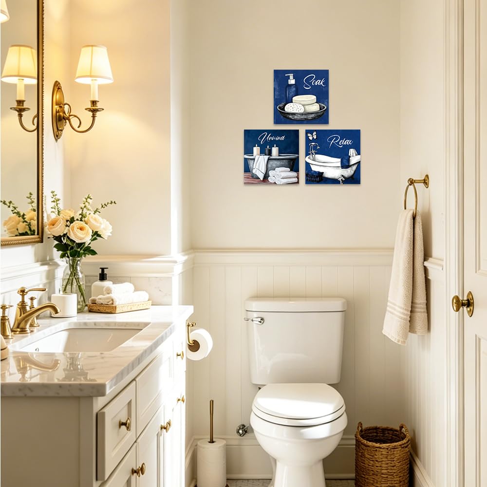 ZXHYWYM Marineblaues 3 teiliges Wandbilder Set fürs Badezimmer: Entspannende Leinwandbilder für Badewanne Spa Bad WC und Zuhause (gerahmt) 60x60cmx3