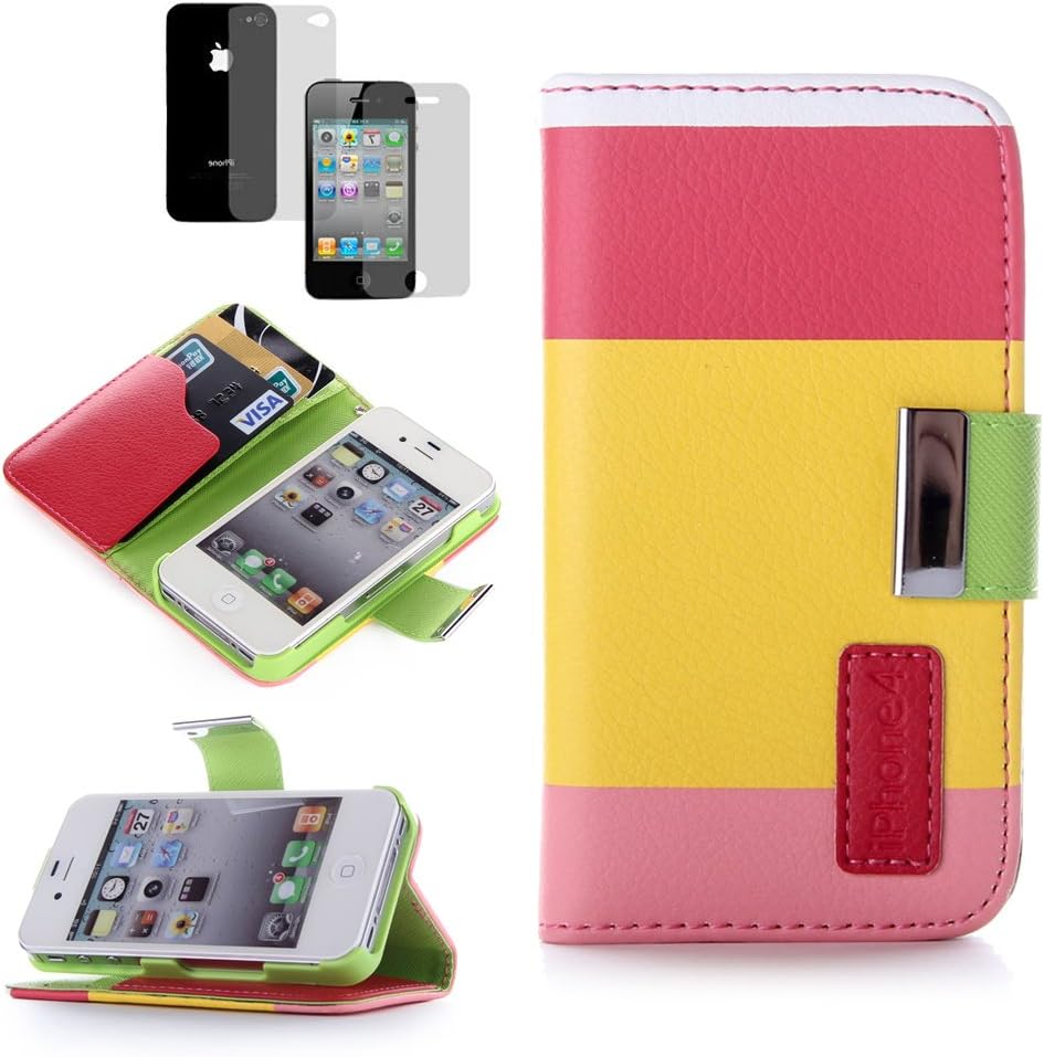 ATC Masione(TM) Apple iPhone 4/4S Credit Card Hard Shell Case Stand with Silicone Core + Screen Protector & Stylus (Wallet case Red+Yellow+Pink)