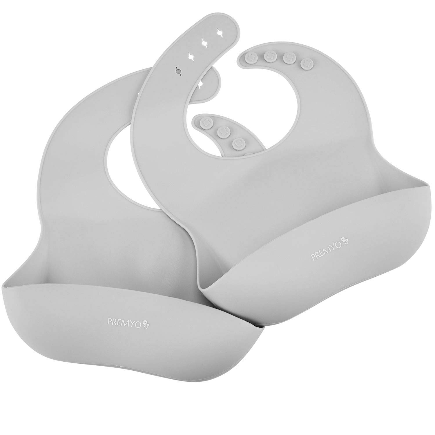 Set of 2 Waterproof Silicone Baby Bib Boy Food Catcher Pocket Comfortable Soft Roll Up Easy to Clean BPA Free Ergonomic Adjustable Blue Grey