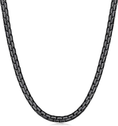 Fiusem Black Flat Box Chains for Men, 5mm Stainless Steel Chain Necklace, Neckla