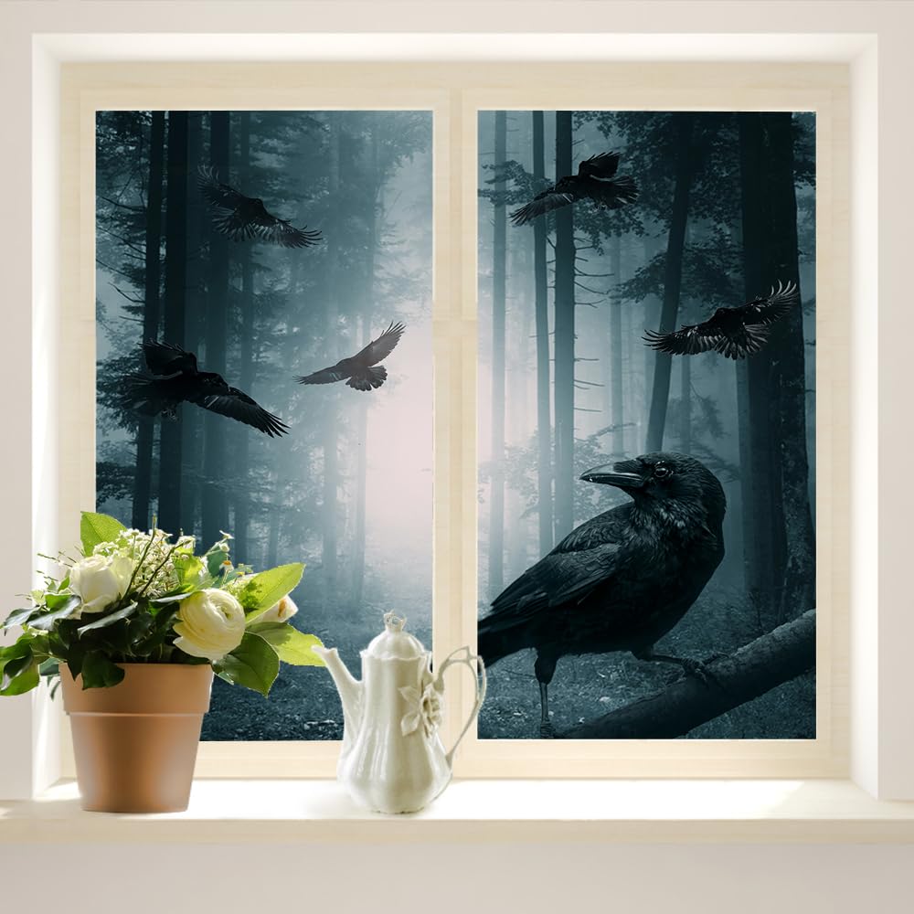 COALHO Foggy Forest Home Window Film Crow Pattern Mystical Horror Gothic Misty Forest Night Suitable for living room,kitchen,bathroom,45W x60L(CM) x2Pcs