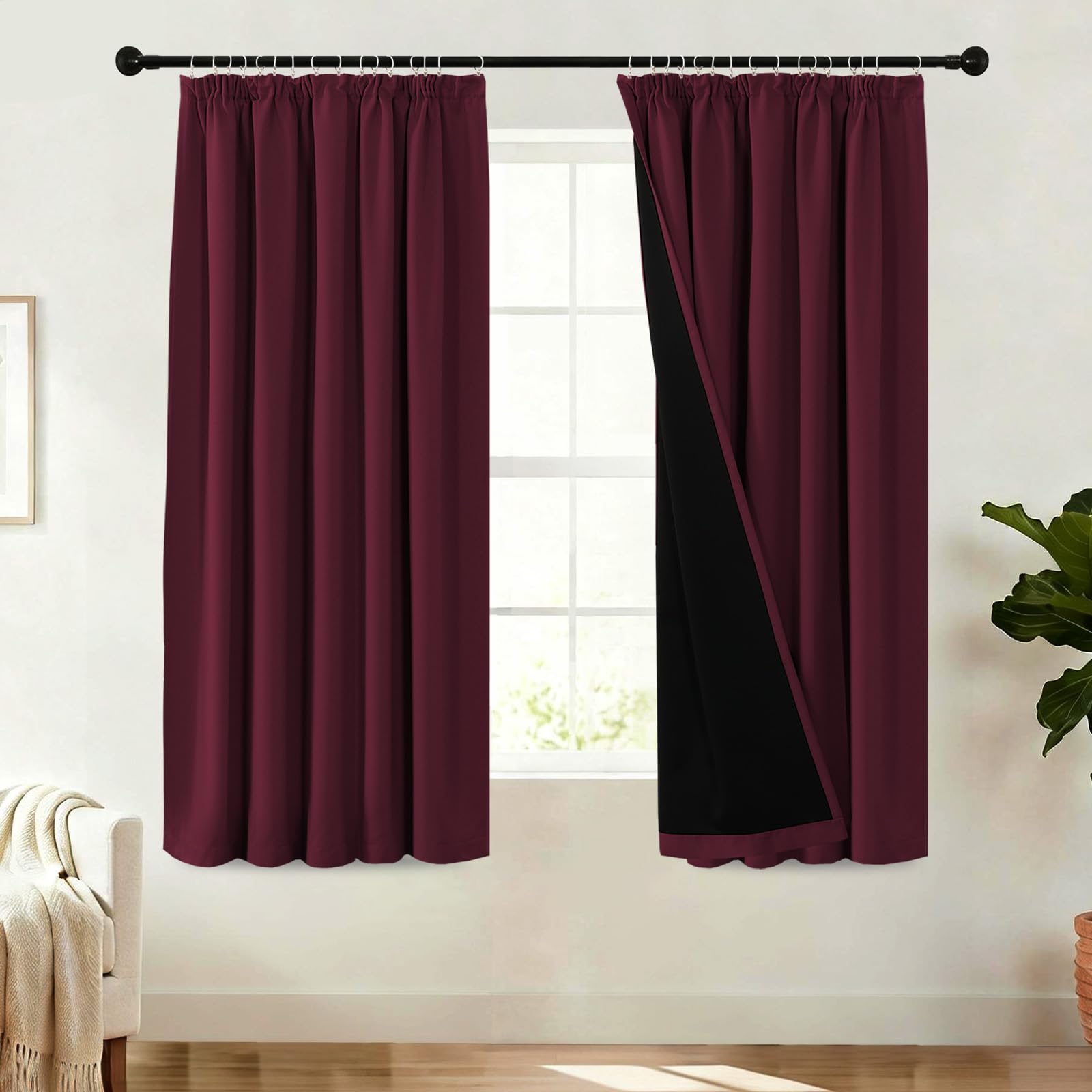 BellaHills 100% Blackout Curtains for Bedroom Thermal Insulated Curtains & Drapes for Living Room Short Window Curtain Pencil Pleat Back Tab Rod Pocket 2 Panels, W66 X L54, Burgundy