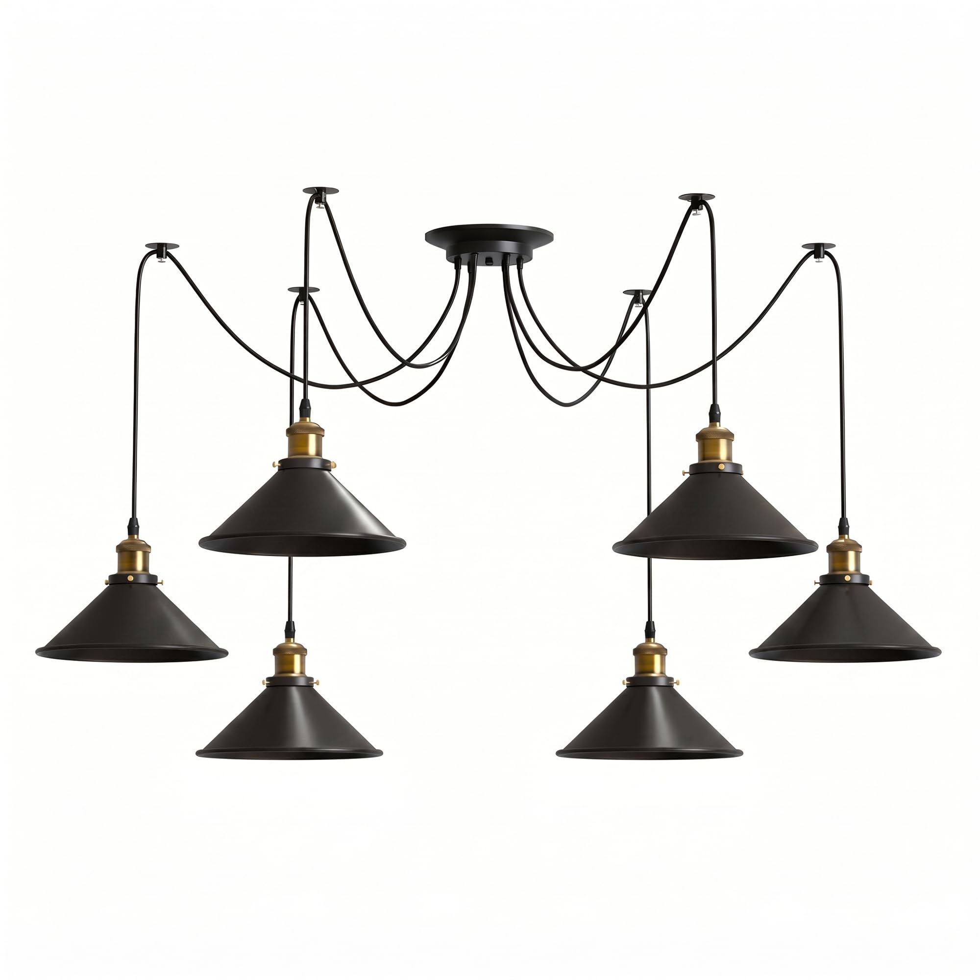 LEDSone Vintage Black Spider Pendant Light 6 Head, Cone Shaped Metal Shades with Adjustable 2M Cord, Easy Fit Industrial Ceiling Light for Kitchen Dining Room Cafe