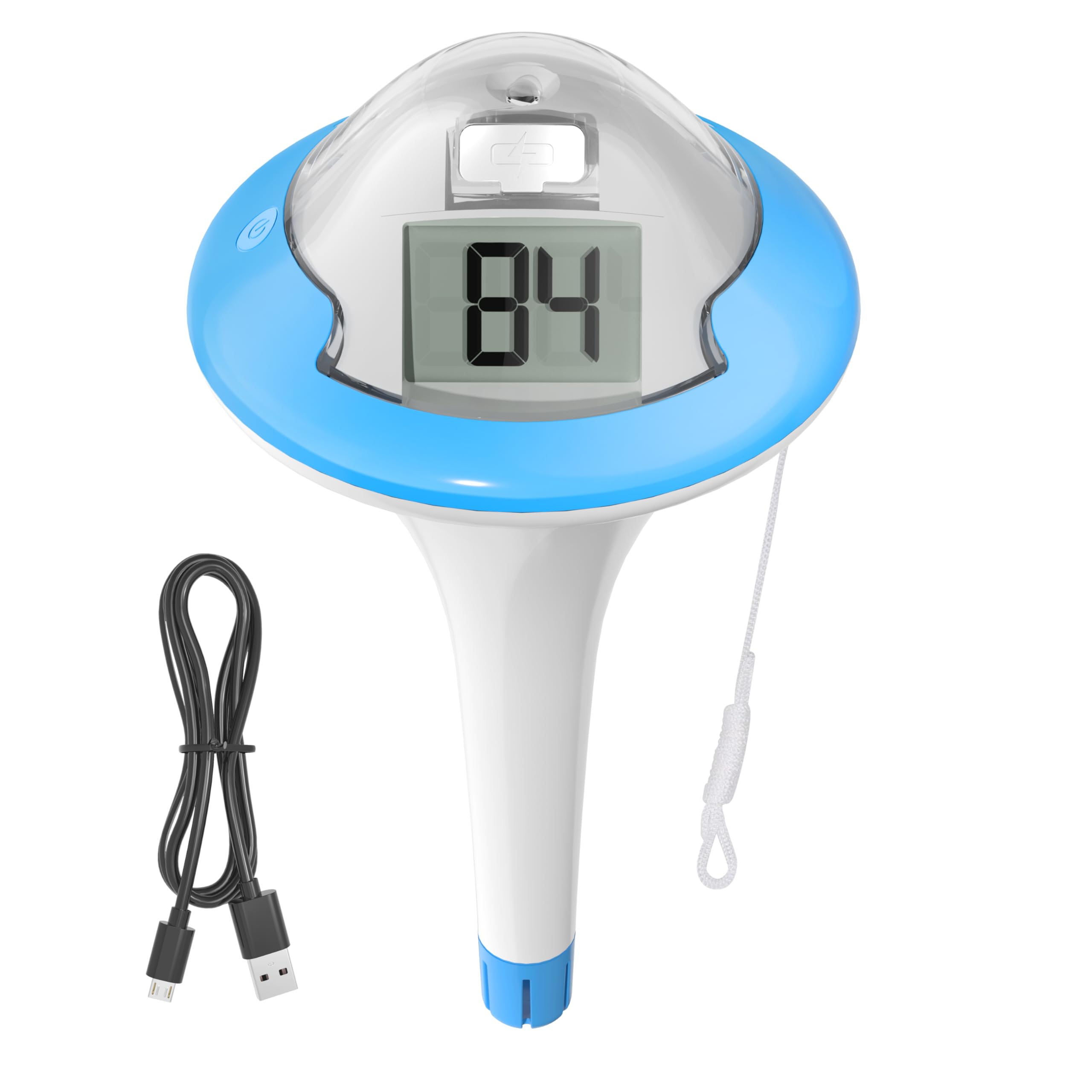 BALDR Termometro da piscina ricaricabile galleggiante con due schermi digitali e grandi cifre per piscina, vasca idromassaggio, sorgente calda, acquario (blu)