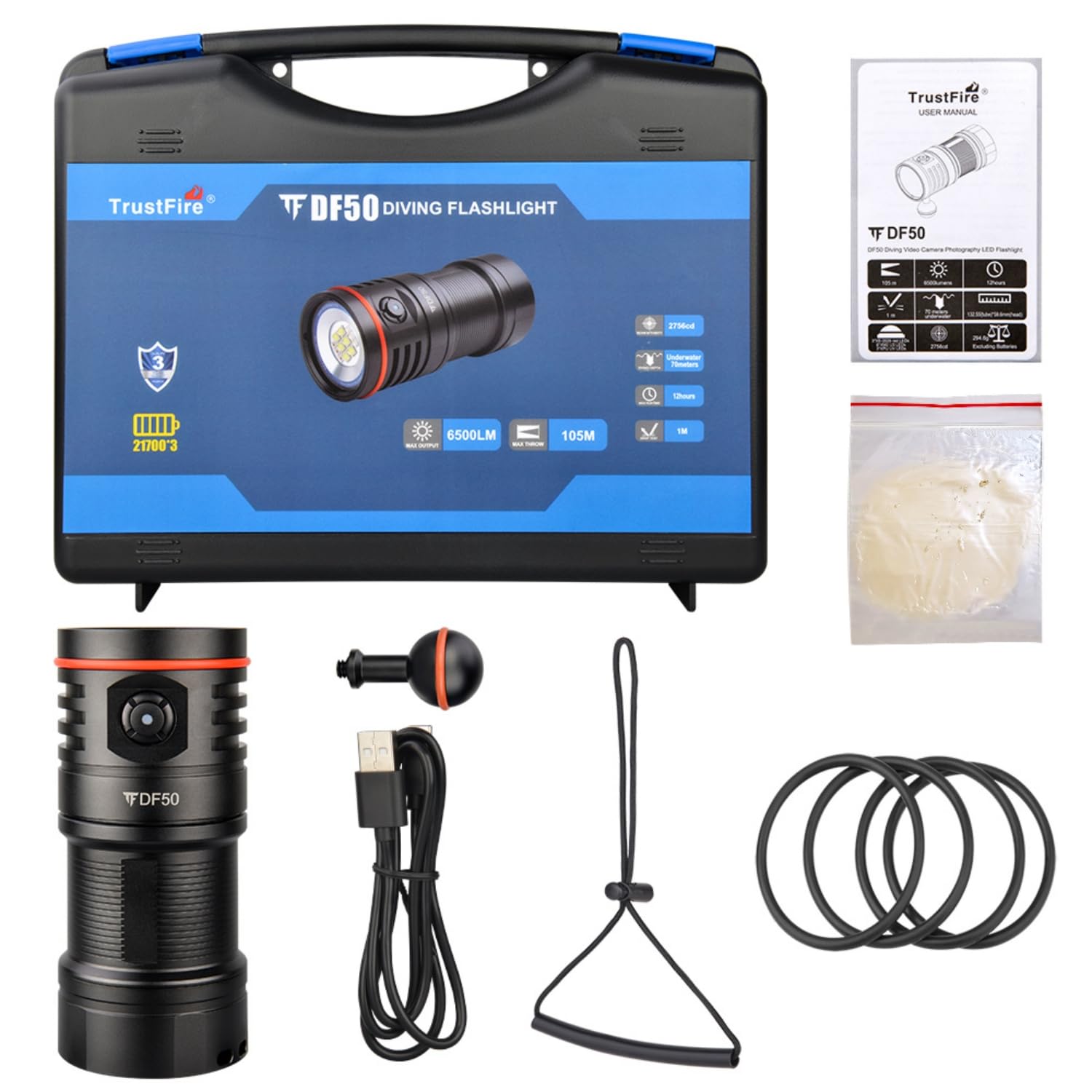 TrustFire DF50 Torcia Subacquea LED 6500 Lumen Ricaricabile USB C Impermeabile