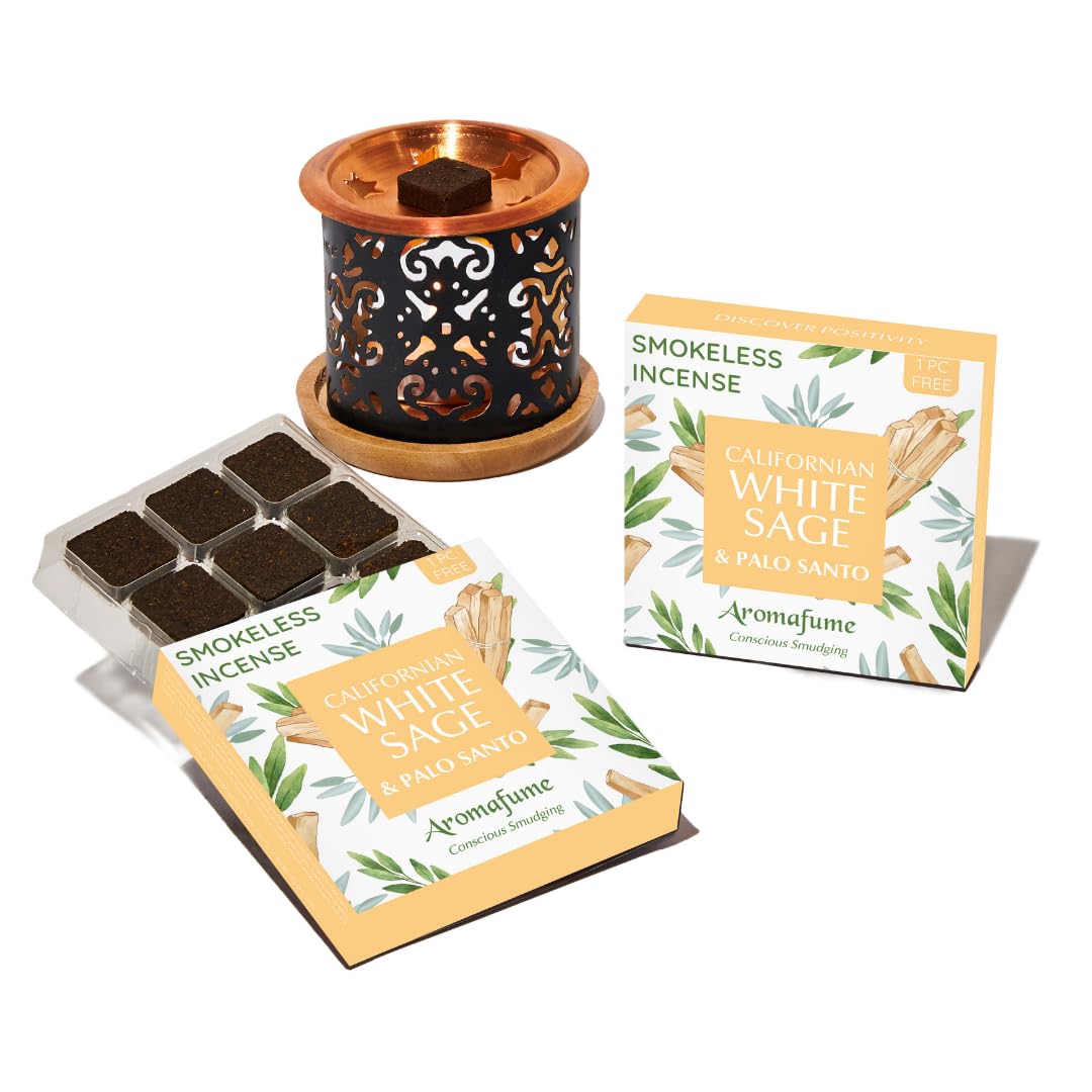 Aromafume Palo Santo White Sage & Incense Bricks With Taj Exotic Burner By | 2X9 Bricks | Sage Incense For Cleansing Negative Energy & Protection | Sage For Smokeless Smudging, Spiritual Cleansing