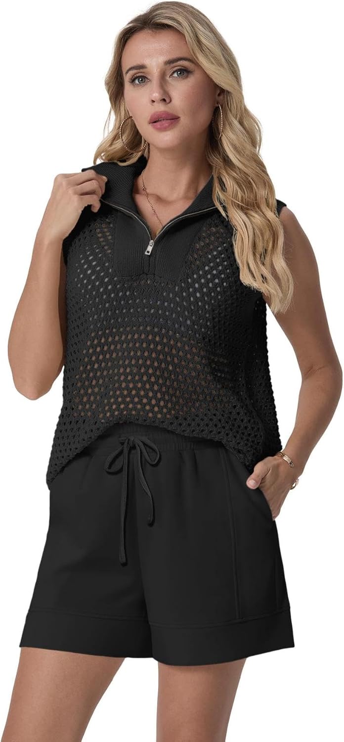 GRECERELLE 2026 Women 2 Piece Sets Crochet Hollow Knit Half-Zip Sweater Tank Top & Shorts Lounge Travel Matching Outfits - Image 3